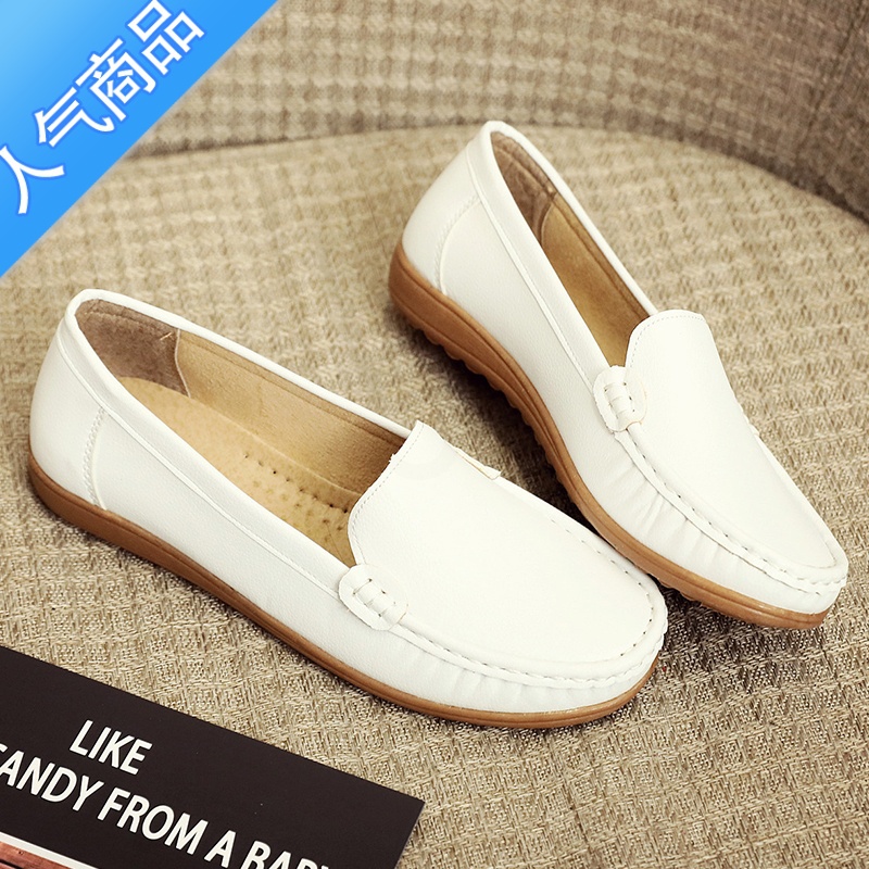 SUNTEK平底单鞋护士鞋女透气妈妈鞋大码皮鞋小白鞋防滑豆豆鞋牛筋工作鞋高清大图