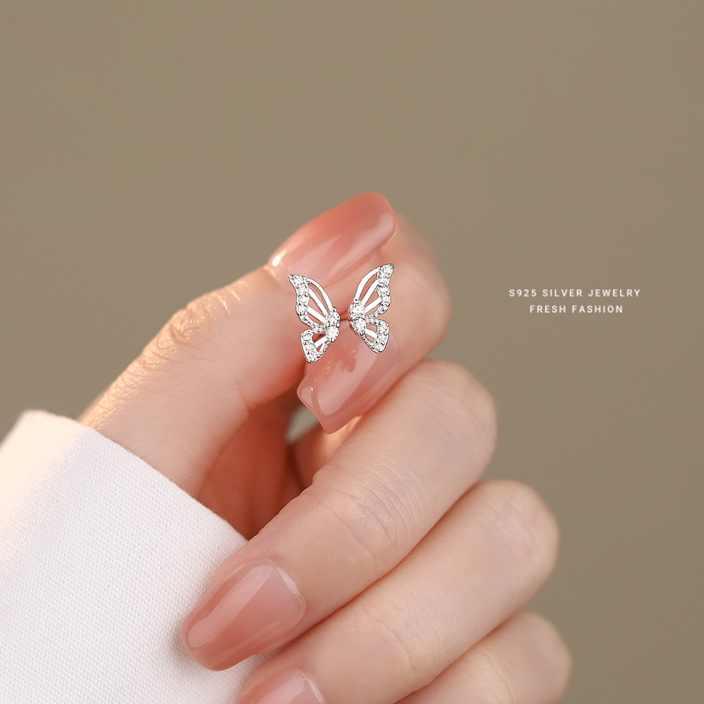 蝴蝶翅膀耳钉女s925纯银镂空微镶简约轻奢百搭小众森系学生耳饰送女朋友老婆情人节七夕生日礼物