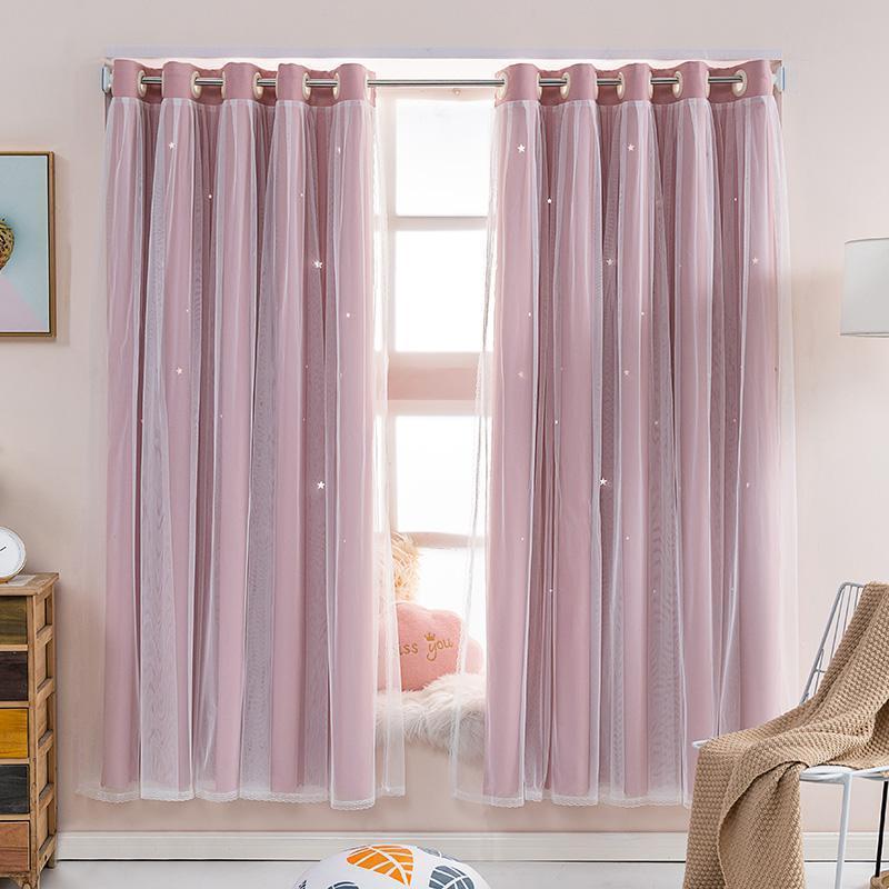 家柏饰corated公主双层星星窗帘卧室少女镂空遮光布女孩卧室免打孔