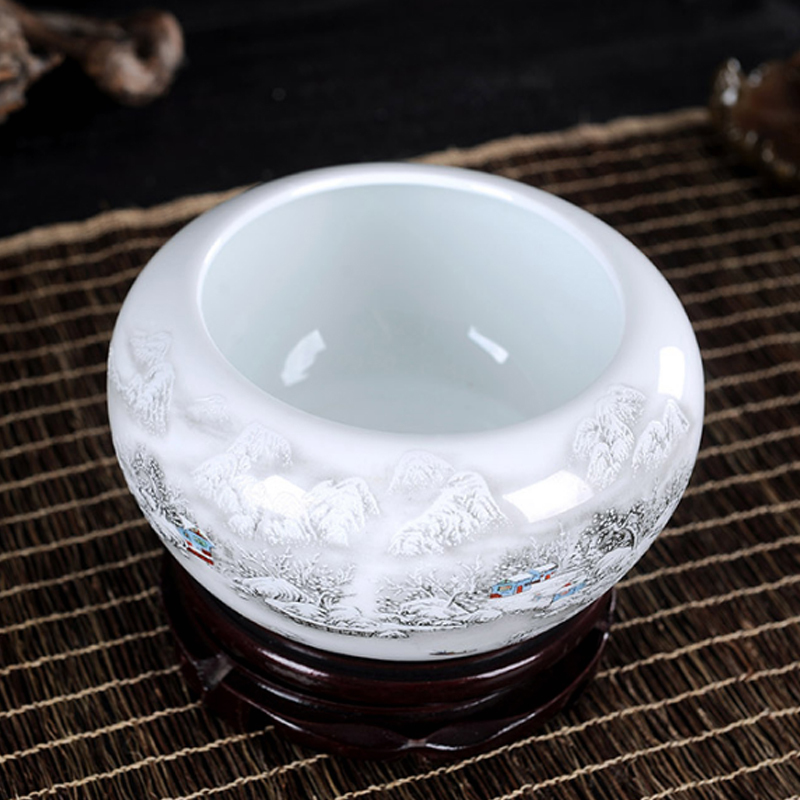 风源陶瓷小鱼缸乌龟盆碗莲水培缸笔洗养鱼盆景德镇装饰品 （ 童趣 中号）