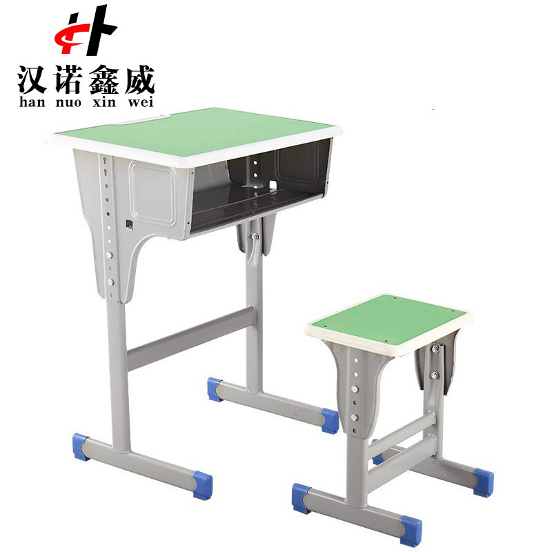 汉诺鑫威中小学生课桌椅学校培训班辅导班课桌升降儿童书桌学习课桌椅套装 单人绿底白边方凳款