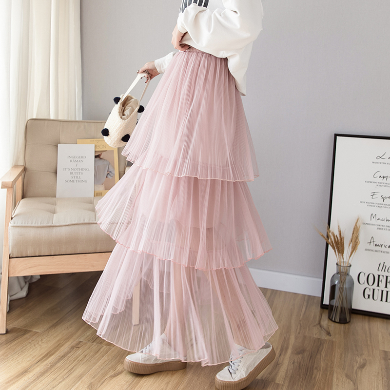 秋壳蛋糕裙半身裙春夏女新款中长款百褶裙a字仙女网纱裙长裙