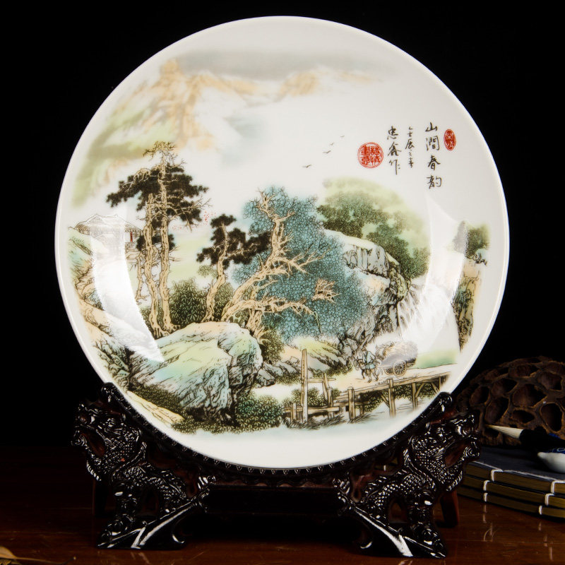 景德镇陶瓷器摆件家居装饰品中式客厅酒柜博古架山水画摆盘工艺品 三维工匠 山涧春韵+龙头架高清大图