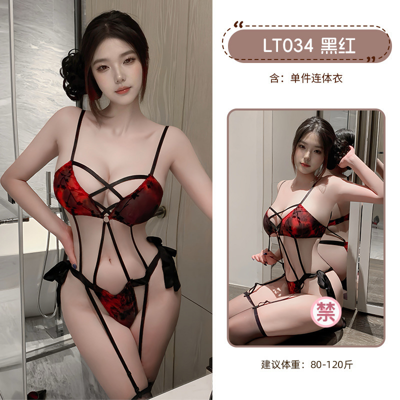 九里晴川性感蕾丝三点式绑带连体衣免脱诱惑聚拢情趣内衣LT034 九里晴川LT034【三点绑带连衣裙-黑红】 均码