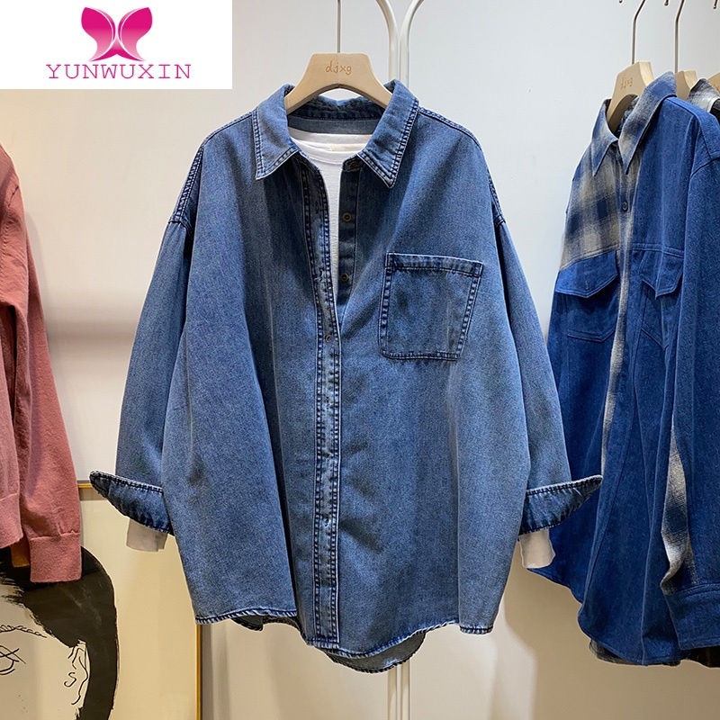 yunwuxin复古港风蓝色牛仔衬衫外套女叠穿内搭衬衣别致小众上衣小个子