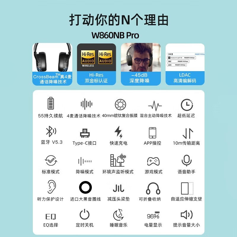 EDIFIER/漫步者W860NBPRO头戴式通话降噪技术蓝牙耳机双金标认证手机电脑笔记本耳机W820NB 云岩白高清大图