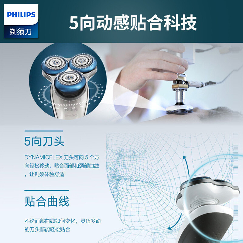 飞利浦(Philips) 电动剃须刀S7310全身水洗 充电式 三刀头 5向移动 微珠涂层 干湿两用 旋转式