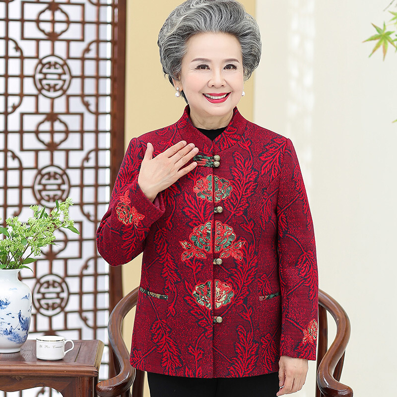 迪鲁奥（DILUAO)老年人秋装外套女装奶奶装唐装60-780岁老人衣服老太太春秋上衣_884 XXXL(建议120-135斤) 红色不加绒(上衣+裤子)