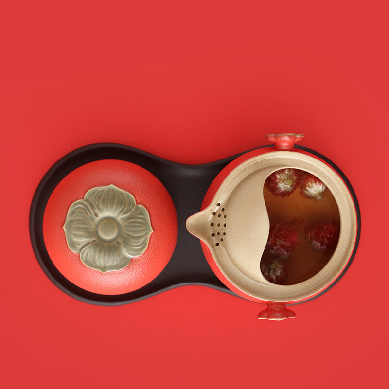 万仟堂(Edenus)旅行茶具 快客杯陶瓷套装一壶一杯女性便携包送礼 事事如意A 朱漆釉(升级版)带便携包