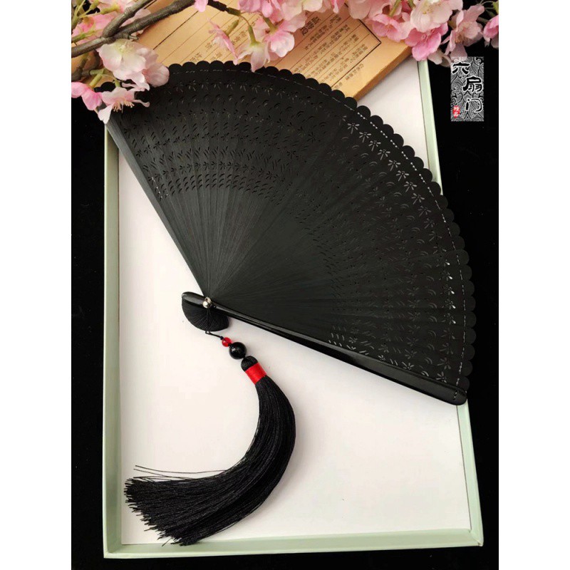 中国风男女全竹扇子小日式折扇随身古风舞蹈扇折叠纯色镂空花 三维工匠 樱花蓝高清大图