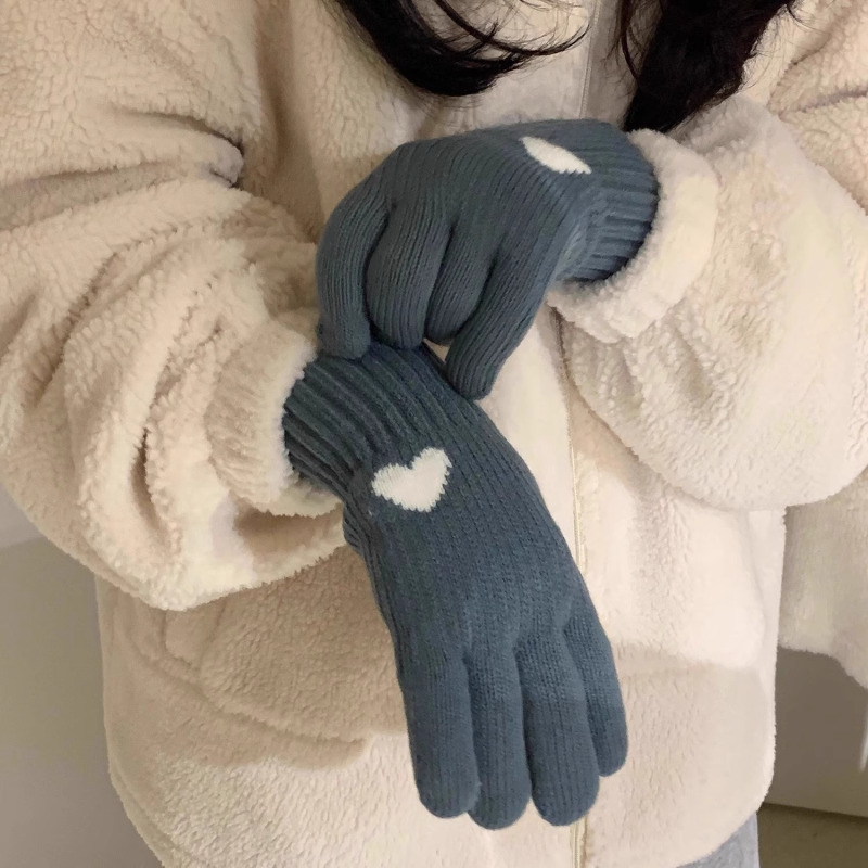 加厚双层冬季保暖手套女式针织毛线内里加绒户外骑行不可触屏
