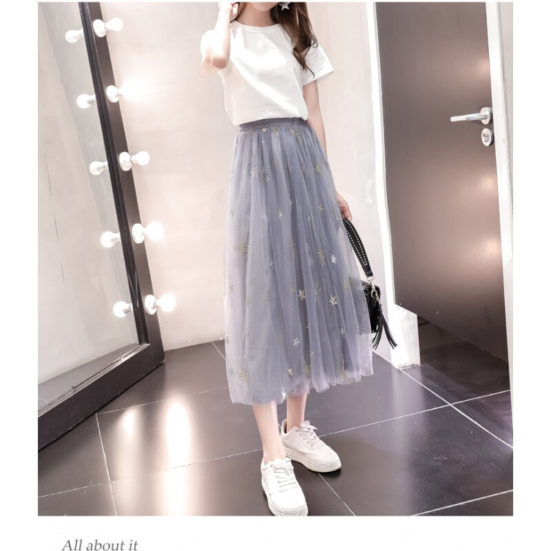 网纱半身裙女2018春夏季新款中长款纱裙学生高腰星星亮片沙沙裙子