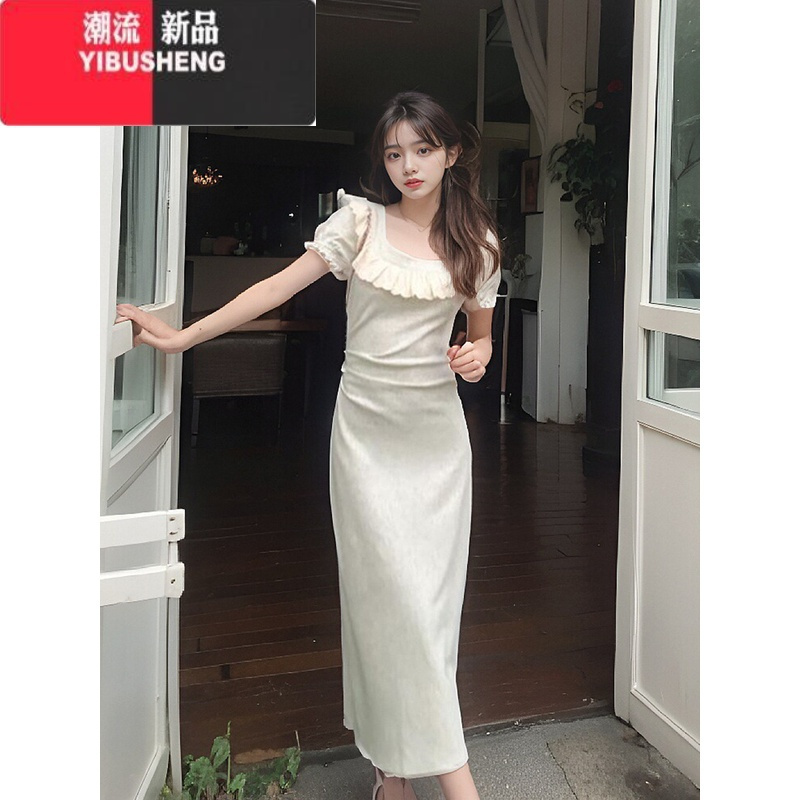 YIBUSHENG法式蕾丝拼接泡泡袖连衣裙2024新款女季气质修身收腰包臀短裙子
