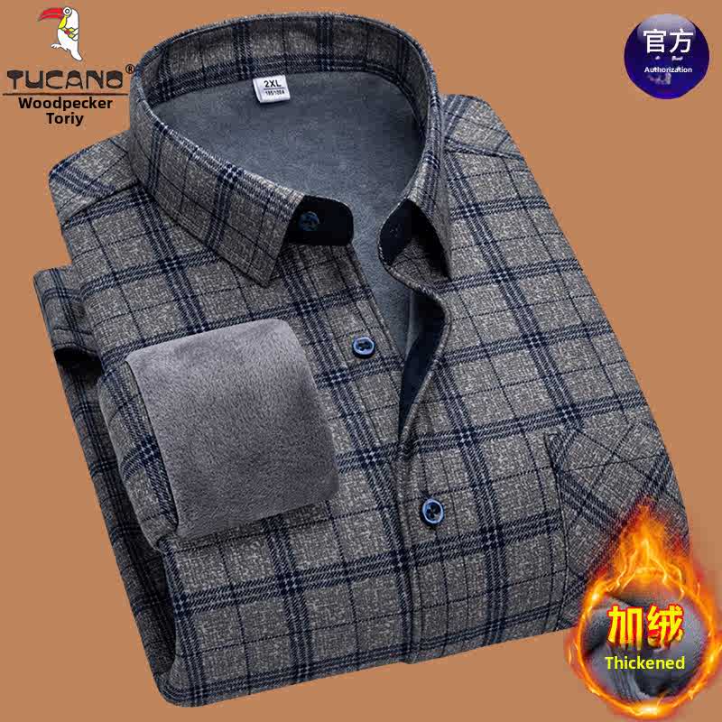 啄木鸟棉保暖衬衫男长袖冬季休闲格纹棉拉毛中老年丝绒加厚衬丝高清大图