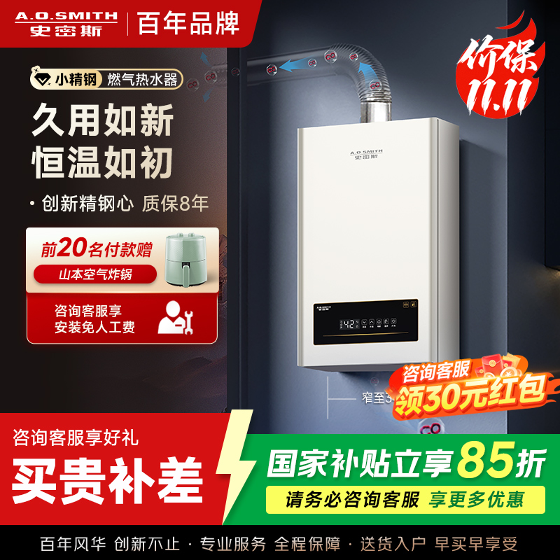 AO史密斯新品小体积16升精钢燃气热水器 JSQ31-EC3 负压燃烧更安全 精控恒温 家用持久恒温大水量
