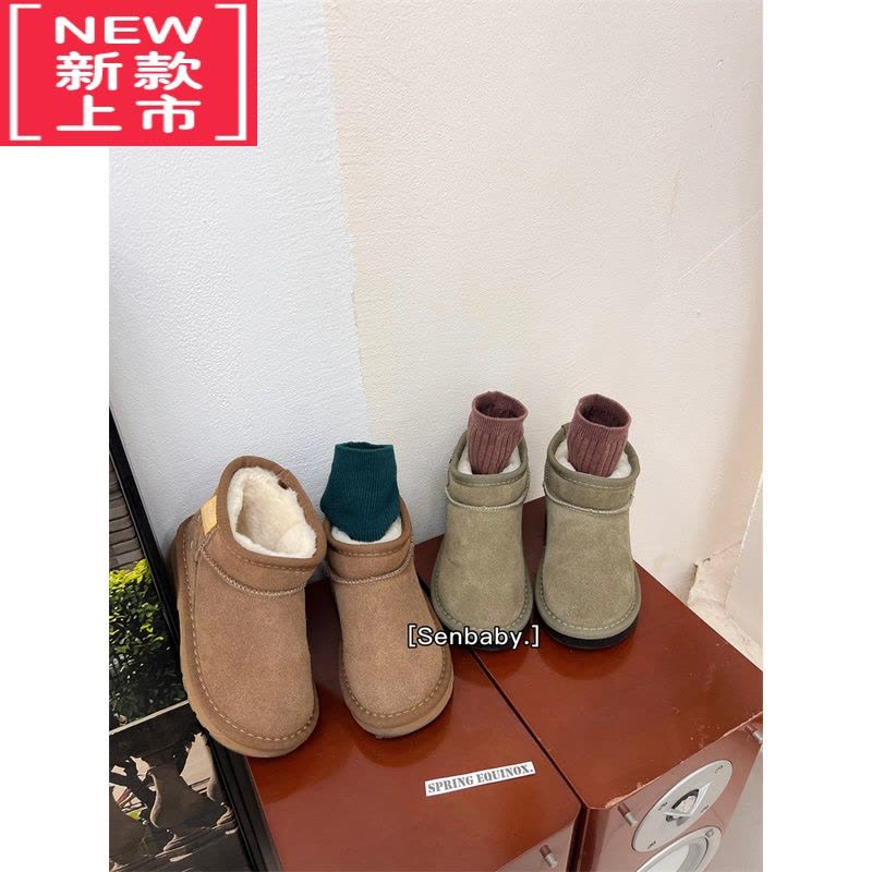 可莉允senbaby童鞋女童单靴百搭加厚靴子儿童鹿皮绒套脚保暖雪地靴短靴图片