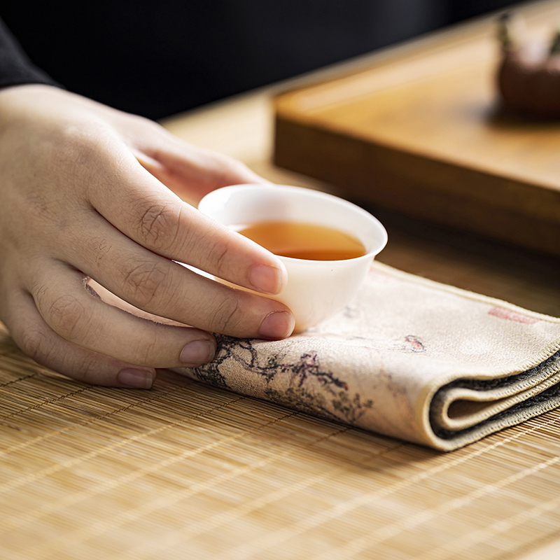 領藝 优选棉麻吸水茶巾茶道配件灰色桌布抹布复古中式百搭茶垫 彩绘柔方茶巾2条装(瑞鹤图+玉带桥)