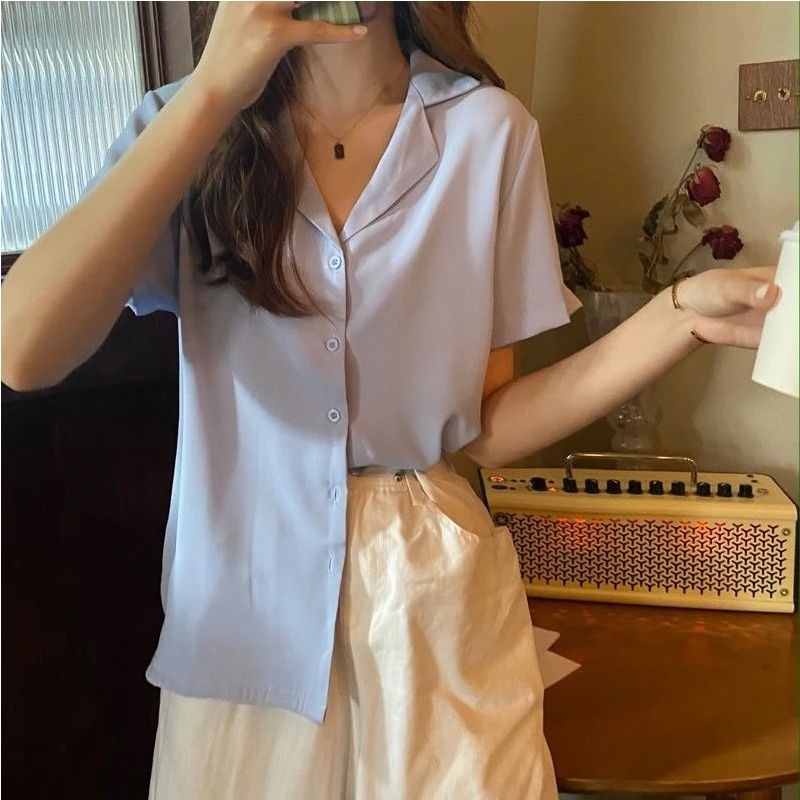 2021新款夏季百搭ins西装领宽松学院风淡绿色短袖衬衫外穿上衣女