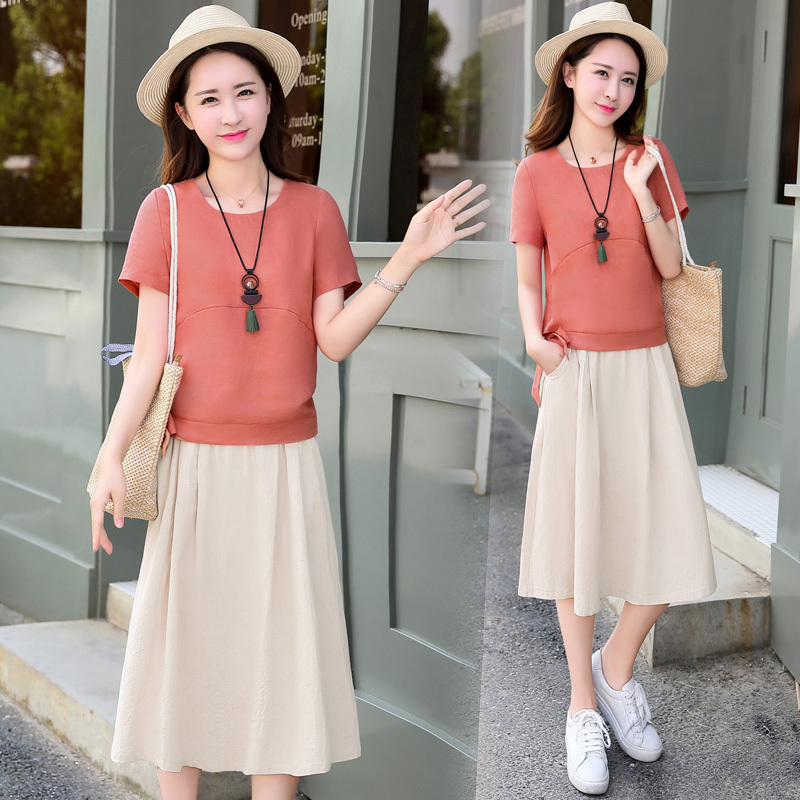 棉麻连衣裙女女士夏款新品女装韩版修身中长款时尚两件套a字裙子