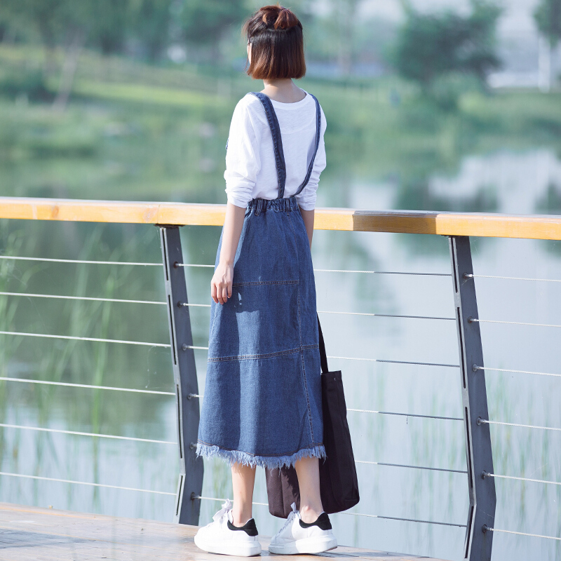 牛仔背带裙2018春夏韩版初恋带连衣裙子中长款半身裙女学生 牛仔蓝 S