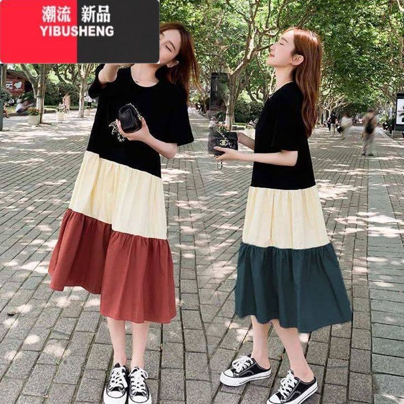YIBUSHENG大码孕妇装胖mm胖妹妹拼接撞色宽松藏肉中长款过膝连衣裙a字裙图片