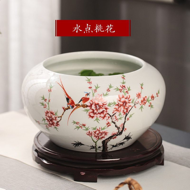 景德镇陶瓷器 手绘写意水浅金鱼缸盆养水仙荷花睡莲 家居摆件 三维工匠 中号水点桃花(不含底座)高清大图