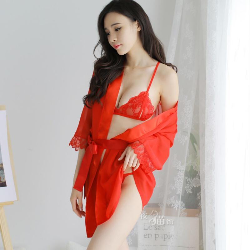 情趣内衣蕾丝透明浴袍真人制服性感睡袍极度诱惑套装sm骚两件套