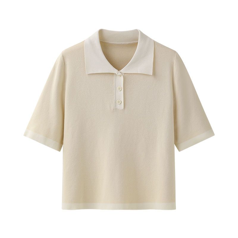 oukabuyi女士polo领冰丝针织衫女夏撞色短袖t恤小众宽松短款上衣