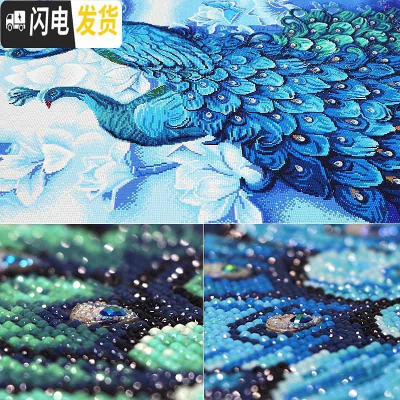 三维工匠5D钻石画满钻2019年新款客厅玄关孔雀凤凰点砖水晶十字绣 异形钻满钻[比翼孔雀75*130厘米]多配30钻量高清大图