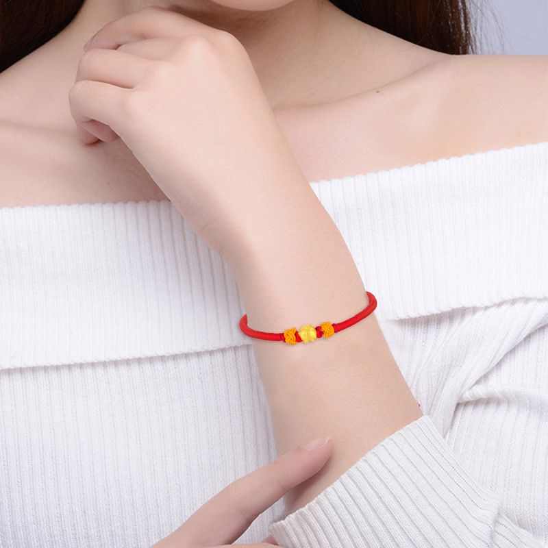 中银金行金猪黄金手链小金猪手链足金999生肖五福猪3d硬金小猪红绳本