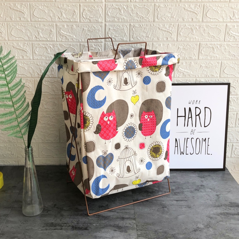 可折叠收纳筐手提脏衣篮支架 防水超大号脏衣篮脏衣篓玩具储物箱 玫红色猫头鹰铁架