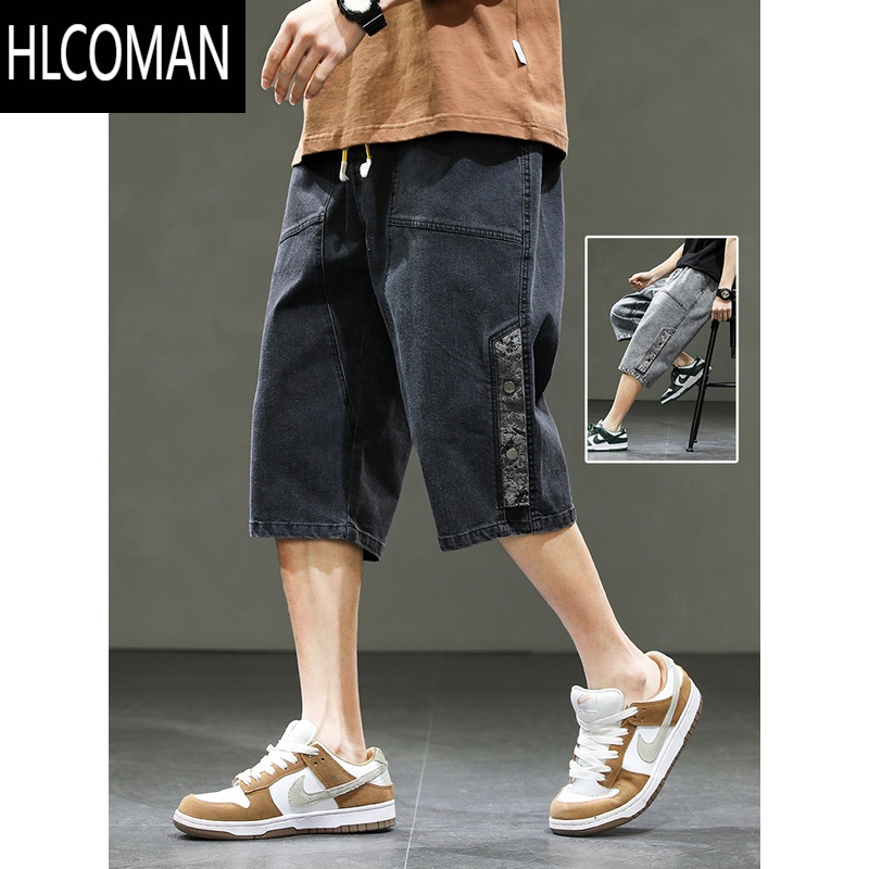 HLCOMAN加肥加大码夏季牛仔七分裤男款短裤宽松潮牌直筒休闲胖子马裤外穿高清大图