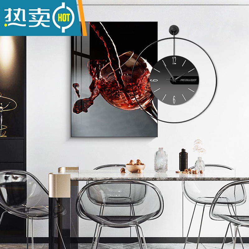 敬平现代轻奢餐厅装饰画创意钟表饭厅装饰壁画酒杯时尚歺厅背景墙挂画高清大图