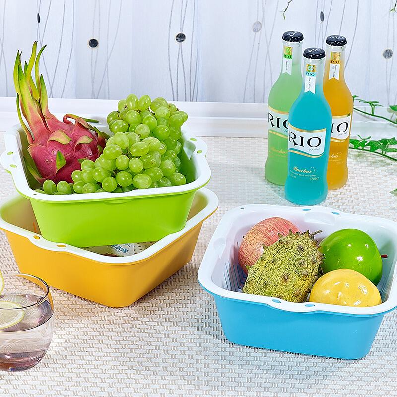 茶花(CHAHUA) 收纳篮双层洗菜篮 滤水篮洗菜篮 果蔬漏盆淘菜筛子 大中小 3只装