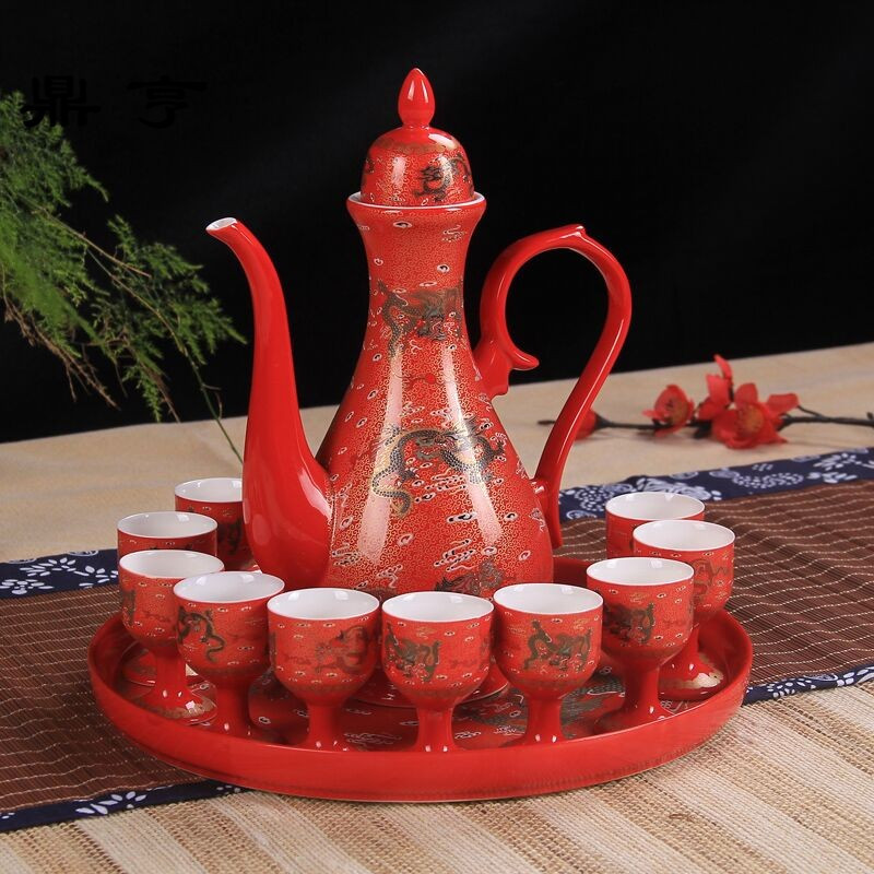 鼎亨陶瓷酒具家用中式分酒器酒盅烈酒白酒杯高脚杯酒具带托盘套装