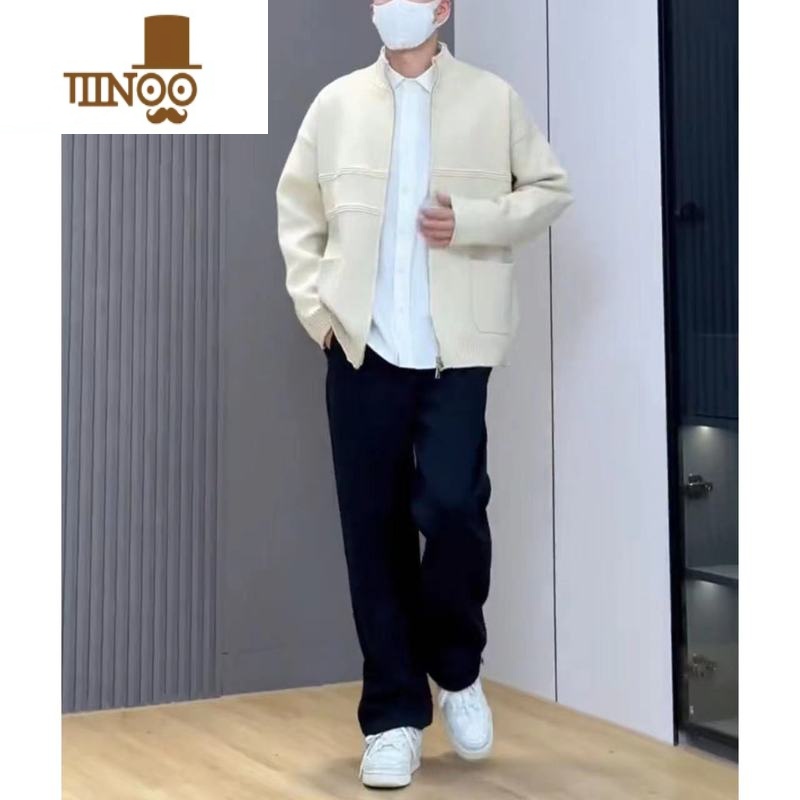 YANXU感口袋开衫设计简约立领毛衣男女潮流宽松外套韩版休闲针织衫高清大图