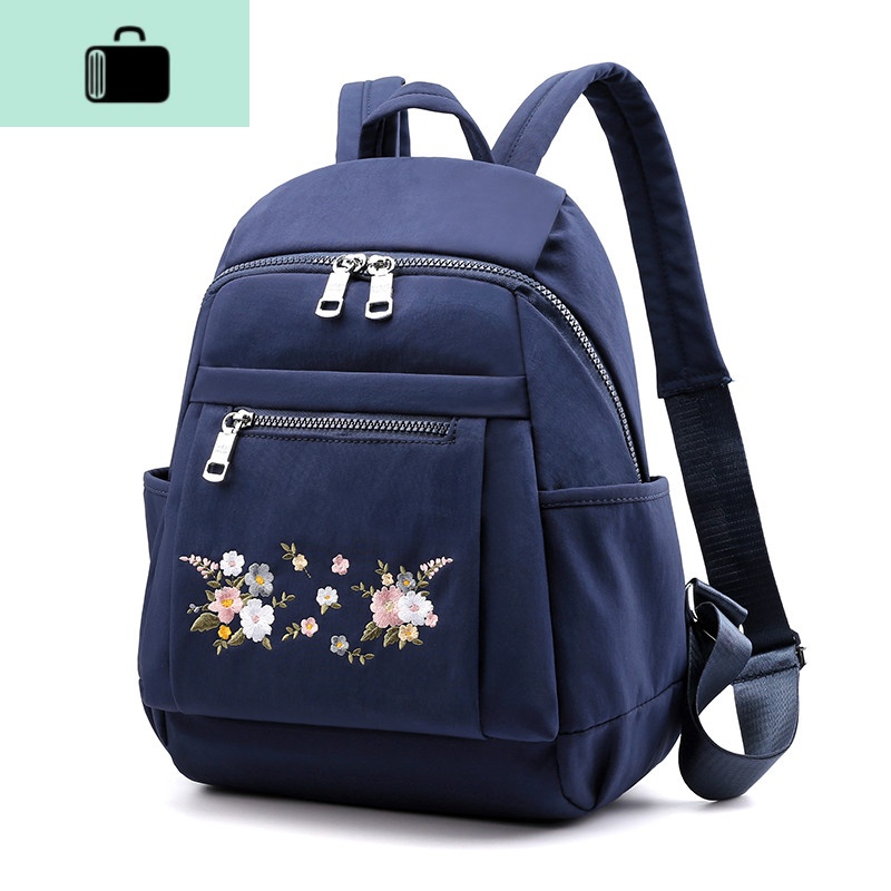 牛津布双肩包女士2020春夏新款休闲时尚防水尼龙旅游背包帆布书包NEW LAKE 蓝色绣花