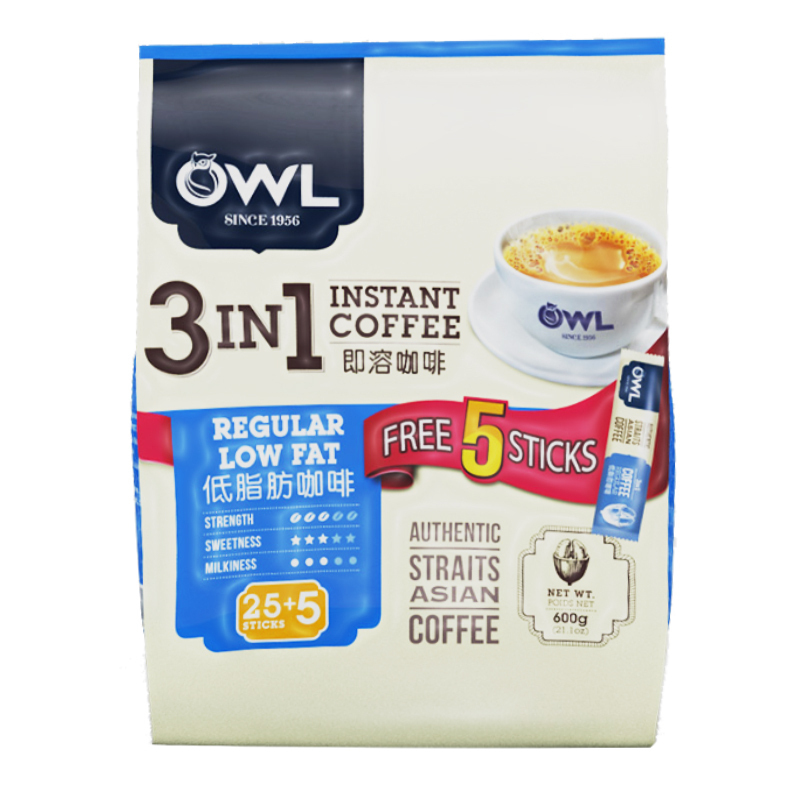 [低脂款]猫头鹰(OWL)猫头鹰牌三合一低脂即溶咖啡600g/袋 进口咖啡 速溶咖啡 马来西亚进口