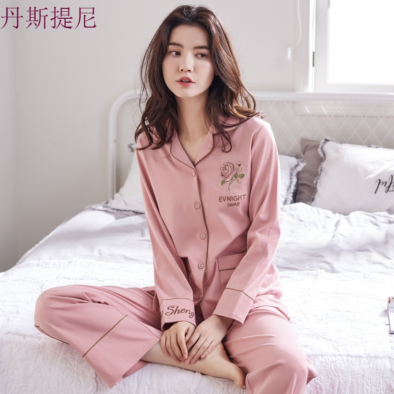 春秋季睡衣女士纯棉长袖开衫全棉加肥加大码中老年妈妈家居服套装