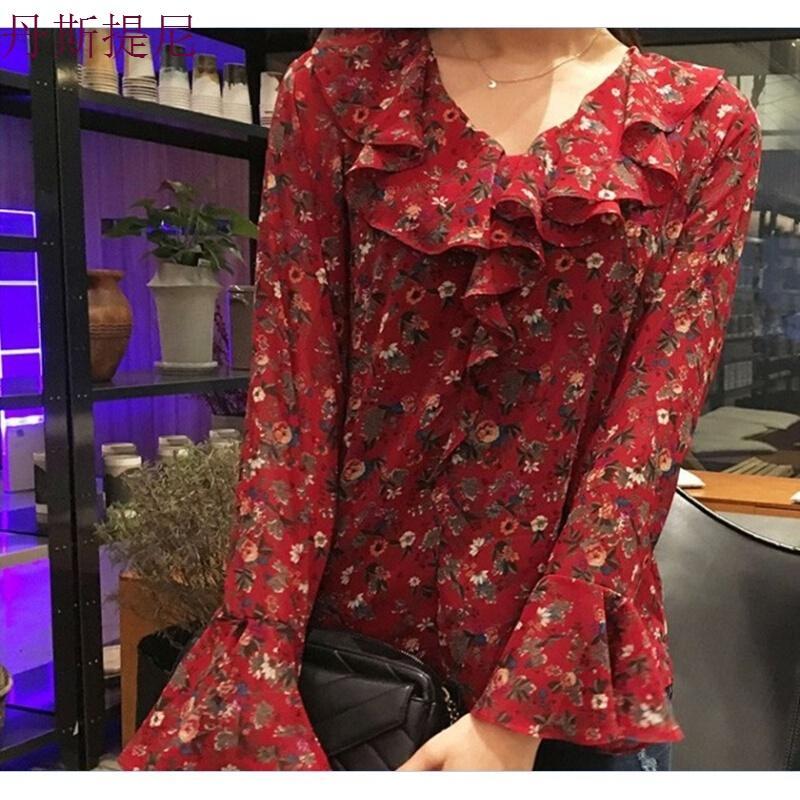 红色碎花雪纺衫韩版喇叭袖长袖荷叶边宽松上衣娃娃衫女