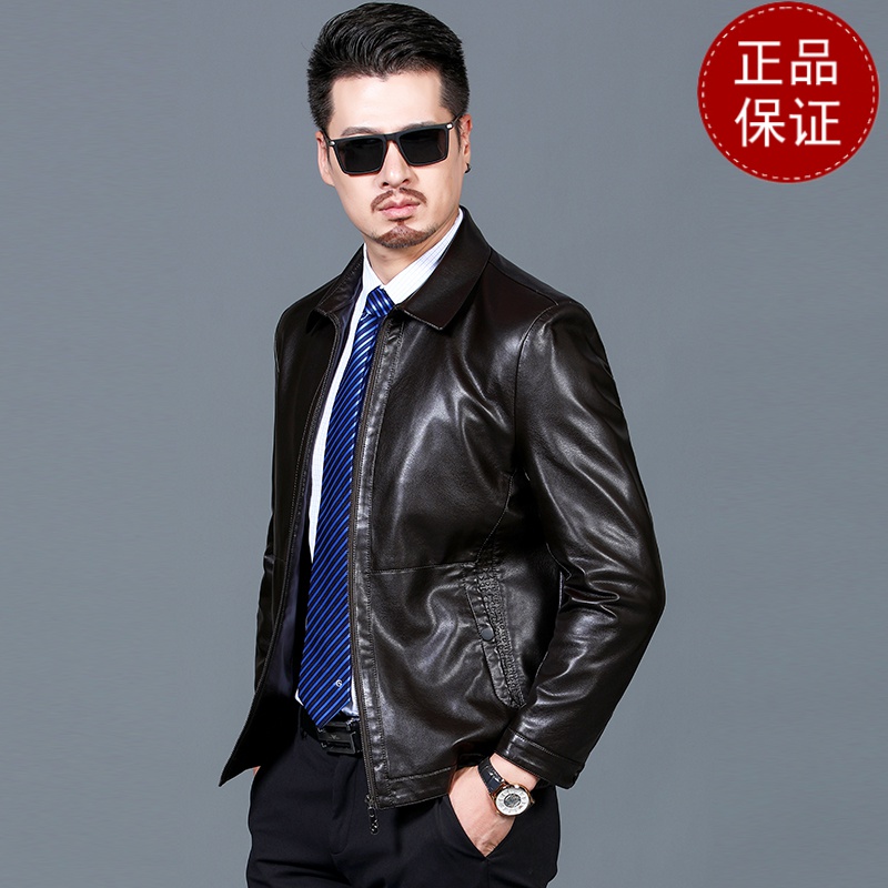 免费试穿 黑色皮衣男薄款春秋外套百搭翻领皮夹克基础款中老年爸爸装5060岁2024冬装新款外套潮海宁软皮夹克大码男装高清大图
