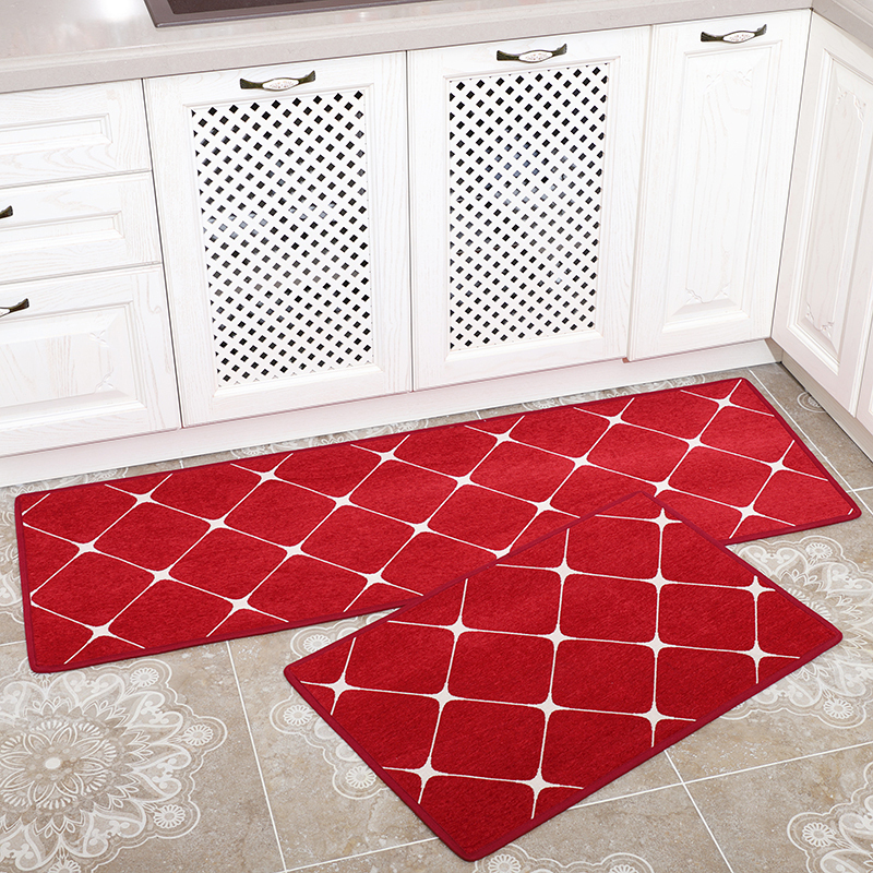 美帮汇厨房地垫可擦防滑免洗防油吸水家用浴室脚垫垫子卧室地毯 小菱形红色 套装50*80+50*180