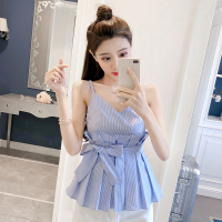 2018夏装韩范小清新条纹带背心V领无袖绑带收腰显瘦上衣女蓝白条纹