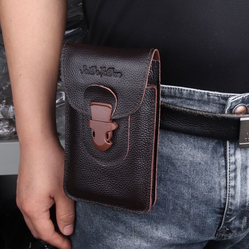 真牛皮腰包男士手机包腰带包68寸7寸72寸双层真皮耐磨工地防水黑色