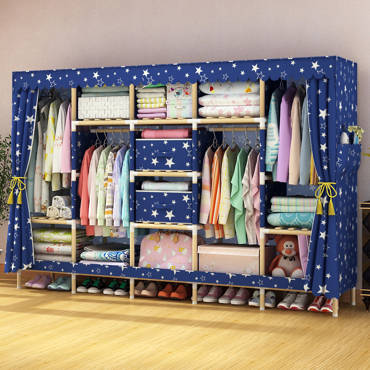 家时光简易布衣柜实木非金属双人组合衣橱20加粗木棍牛津布储物收纳柜