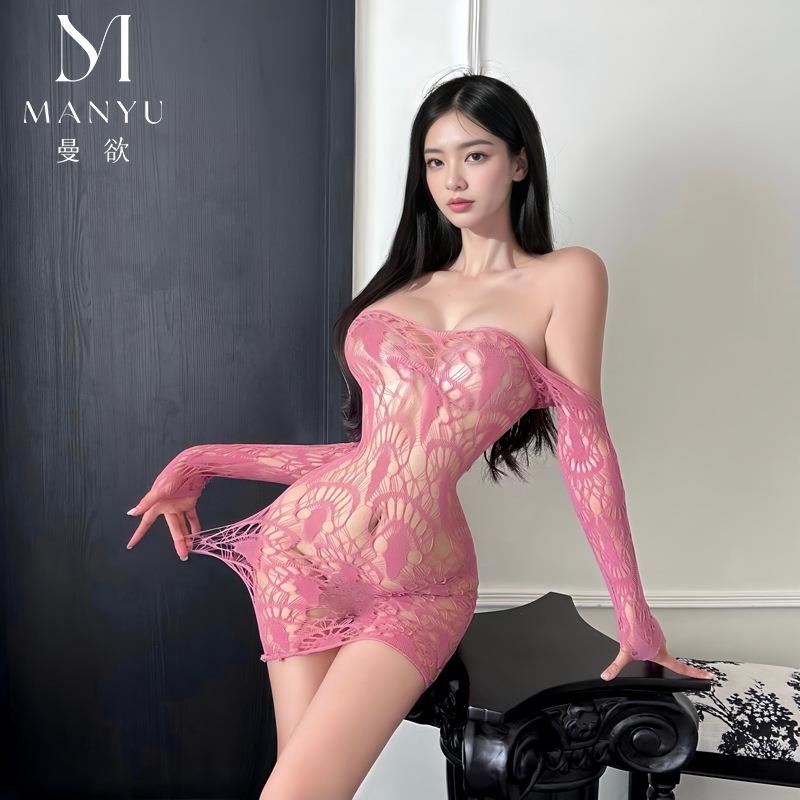 情趣内衣女大码短裙中袖镂空开裆提花连身袜纯欲睡衣连体网袜W10高清大图