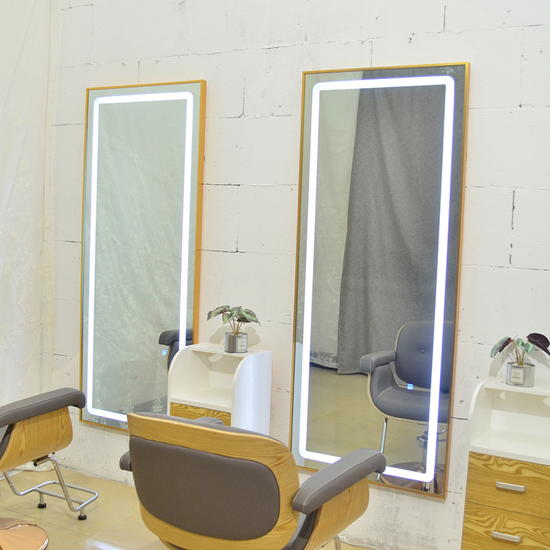 欧式简约理发店镜子ciaa网红美发镜台挂墙式带led灯触摸椭圆铁框圆镜