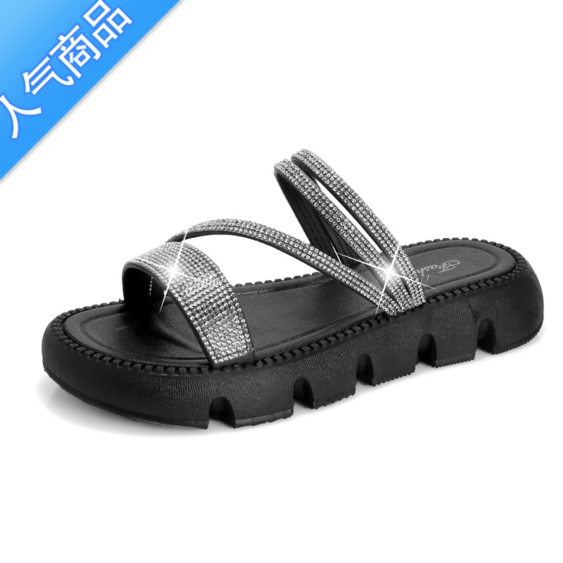 SUNTEK设计感水钻拖鞋女2023年新款仙女风时尚凉拖百搭厚底沙滩凉鞋高清大图