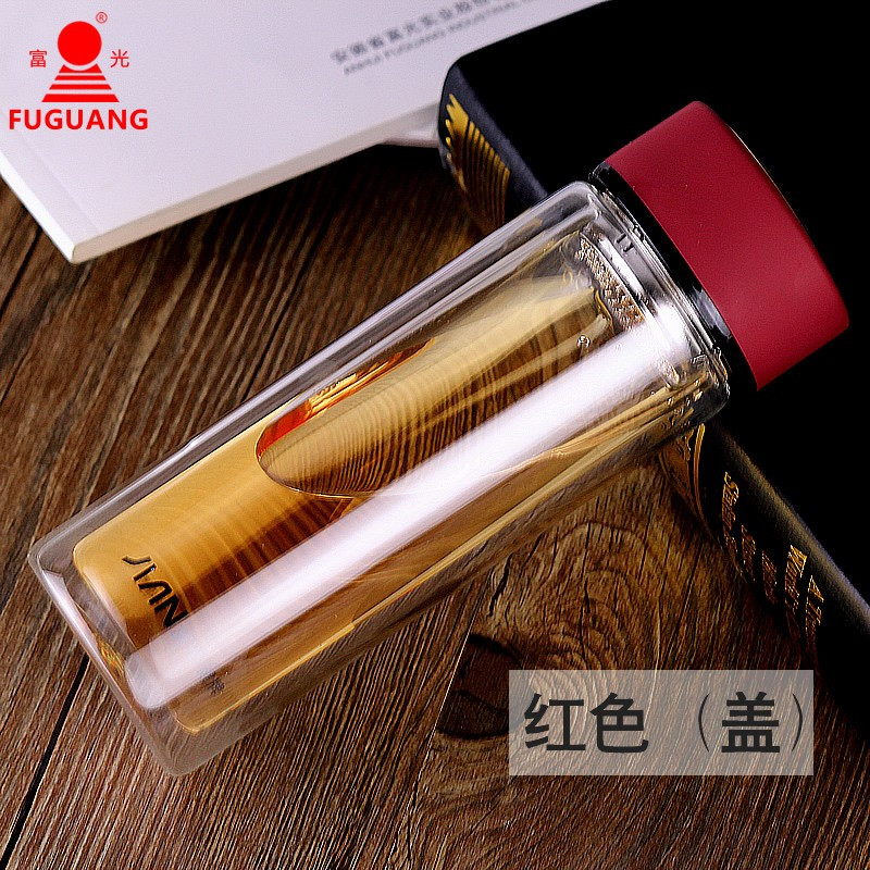 富光玻璃茶杯双层水杯子320ml办公家用耐热泡茶杯子X1627-SP 320ml咖啡色
