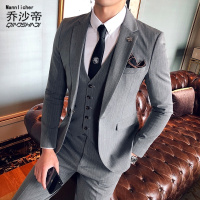 2018新款英伦风男士细条纹单粒扣修身西装三件套韩版帅气西服套装